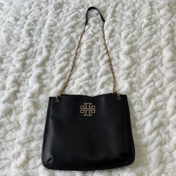 Tory Burch Black Pebbled Leather Tote with Gold Logo & Chain Straps - Picture 3 of 9